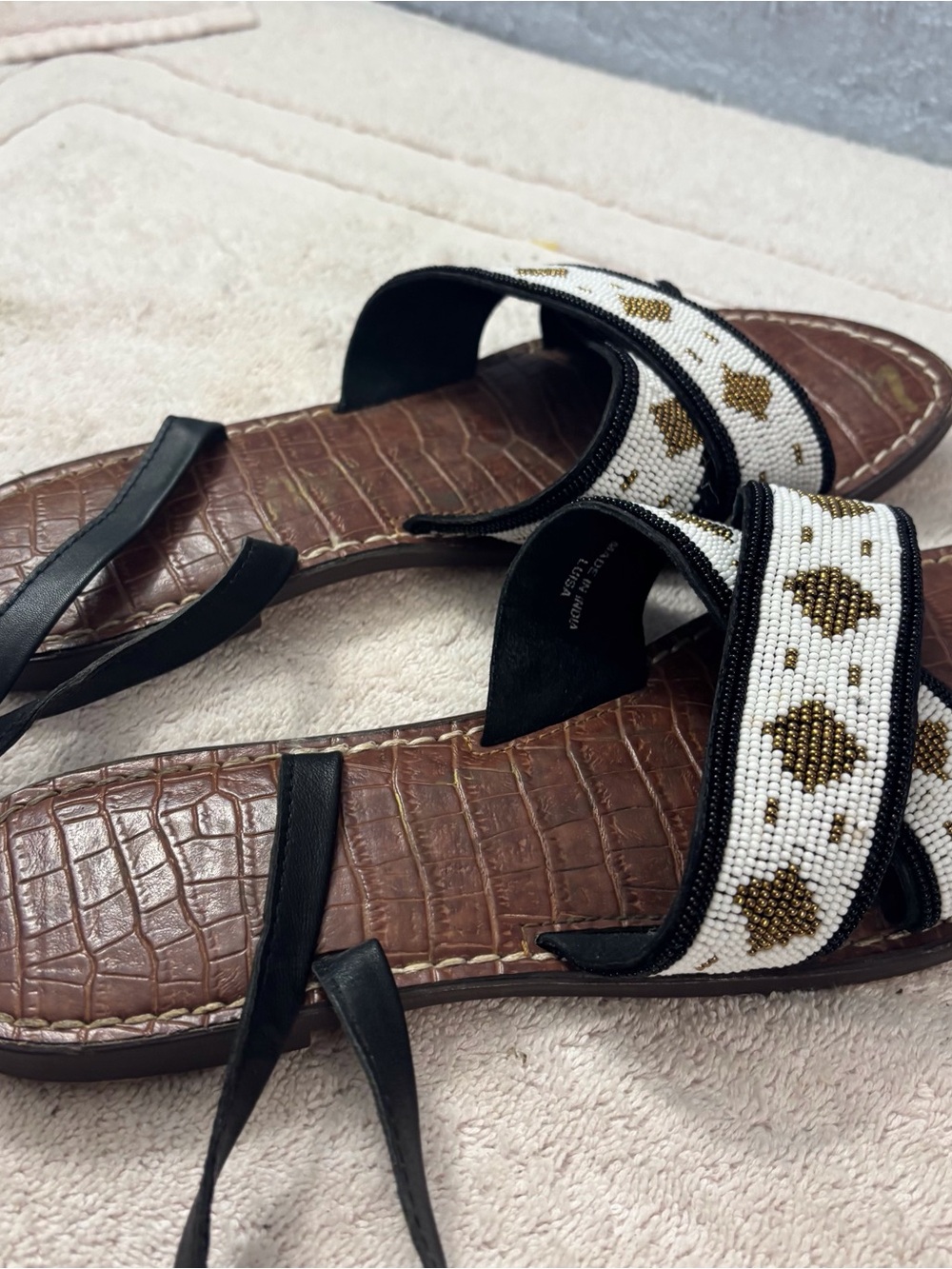 Sam Edelman Brown Leather Slide Sandals with White and Gold Beaded Straps - Picture 4 of 12